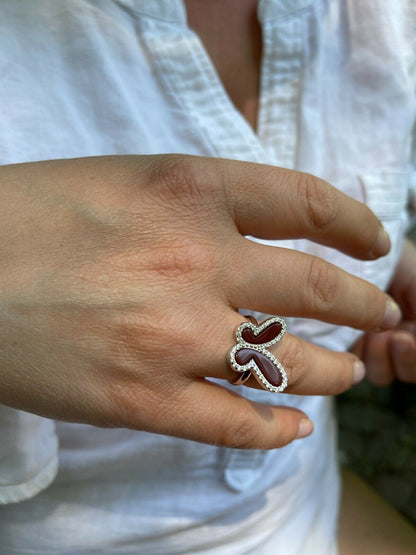 HarlemBling Ladies Real Solid 925 Sterling Silver Large Butterfly Ring Red Agate W Diamonds