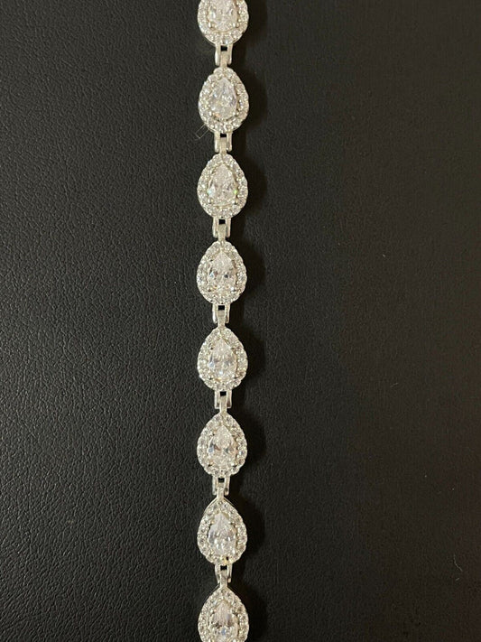 HarlemBling Ladies Simulated Diamond Teardrop Tennis Bracelet Adjustable Solid 925 Silver