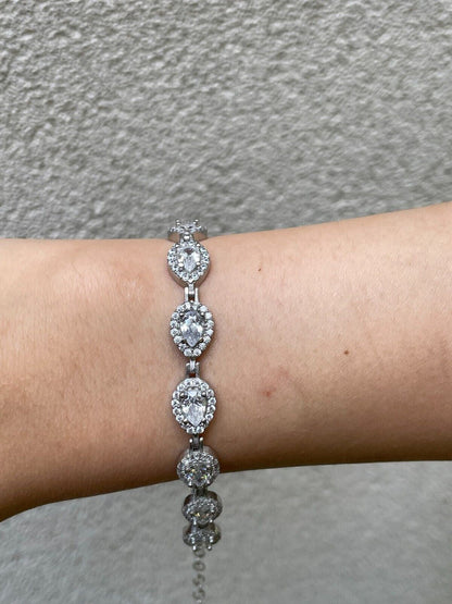 HarlemBling Ladies Simulated Diamond Teardrop Tennis Bracelet Adjustable Solid 925 Silver