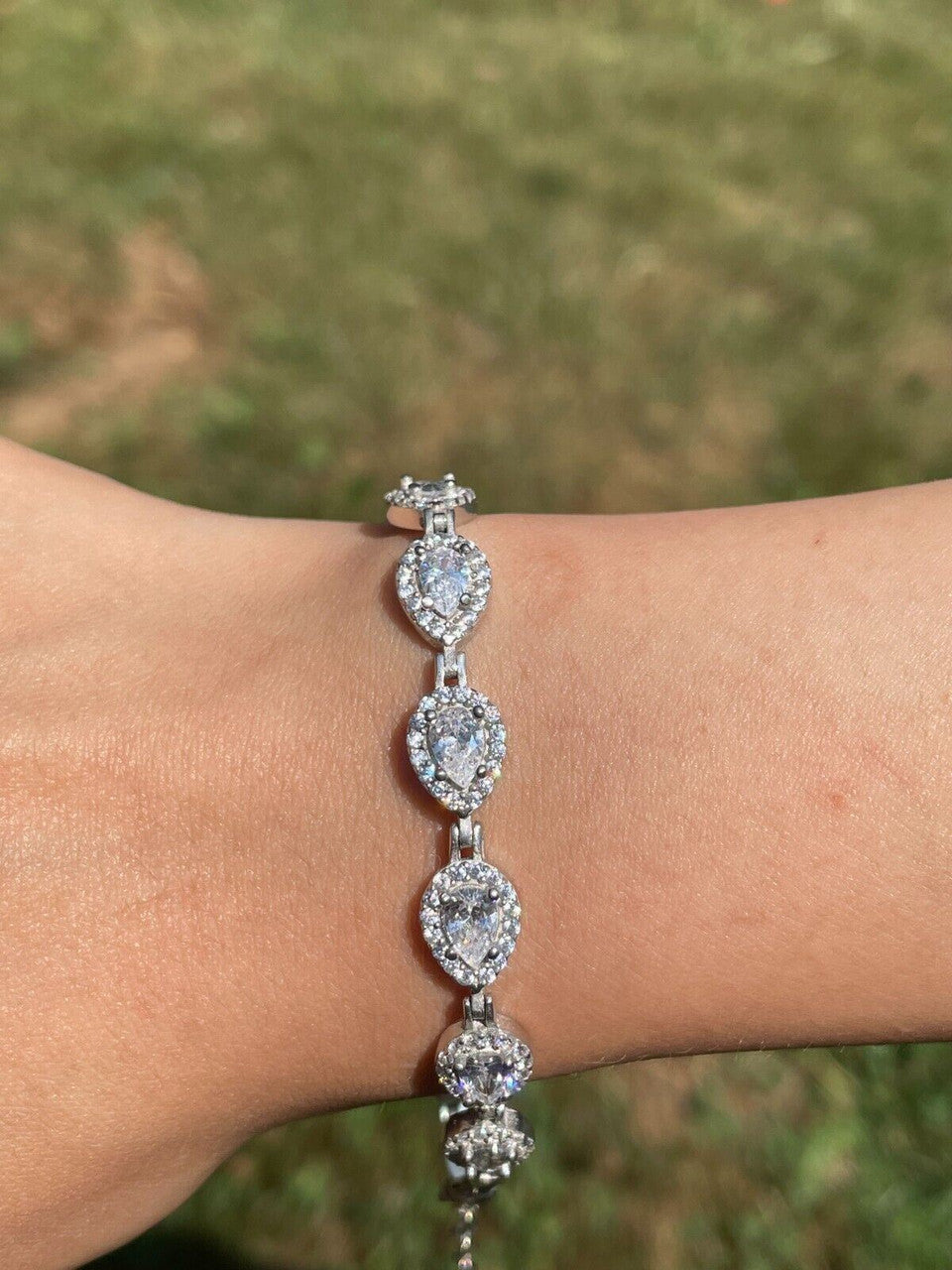 HarlemBling Ladies Simulated Diamond Teardrop Tennis Bracelet Adjustable Solid 925 Silver