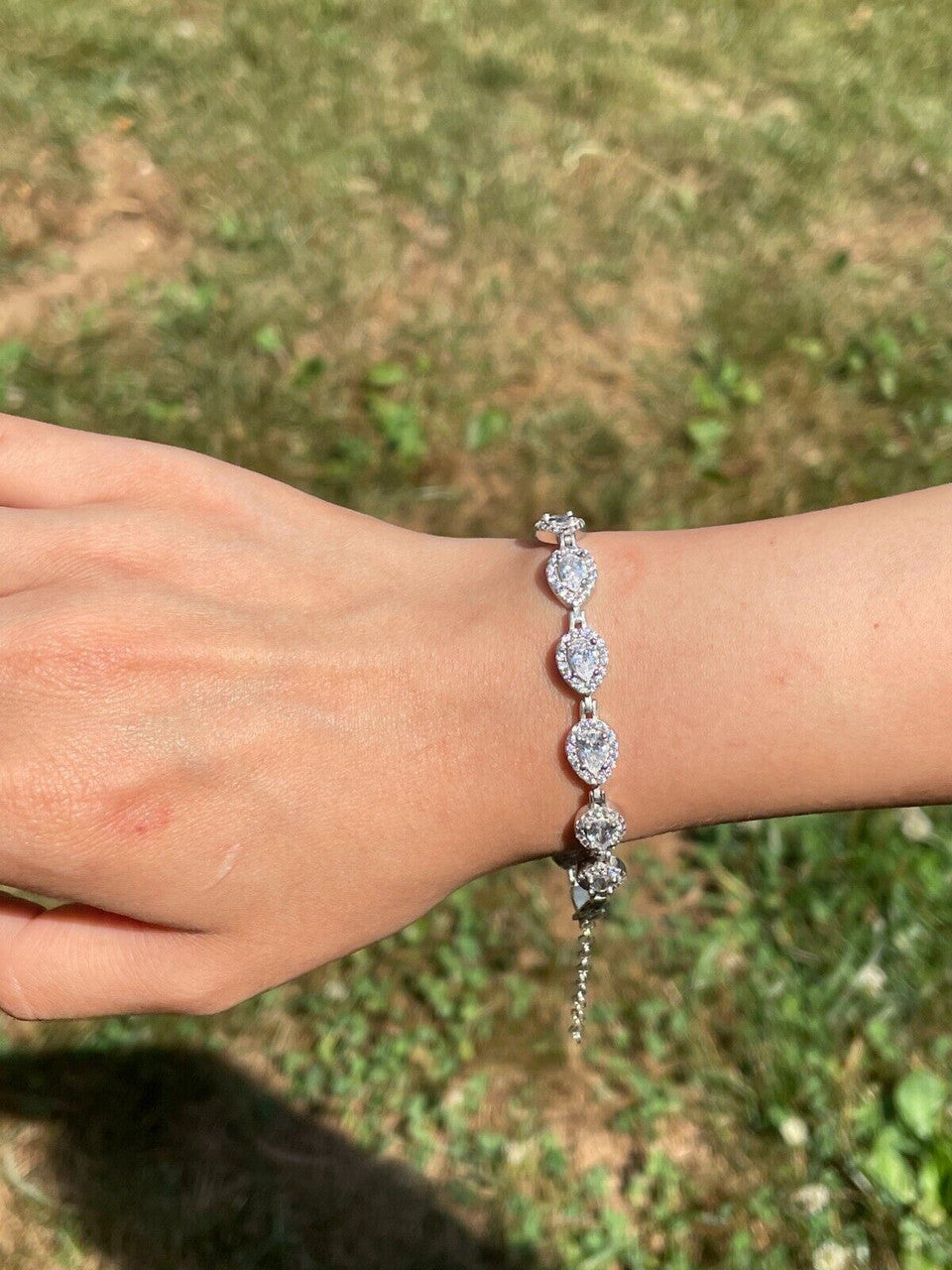 HarlemBling Ladies Simulated Diamond Teardrop Tennis Bracelet Adjustable Solid 925 Silver