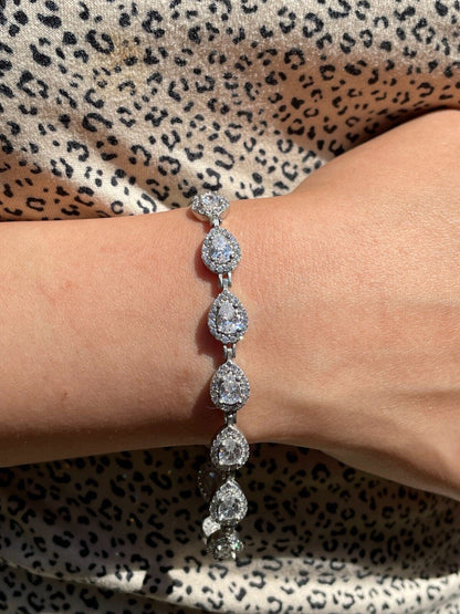 HarlemBling Ladies Simulated Diamond Teardrop Tennis Bracelet Adjustable Solid 925 Silver