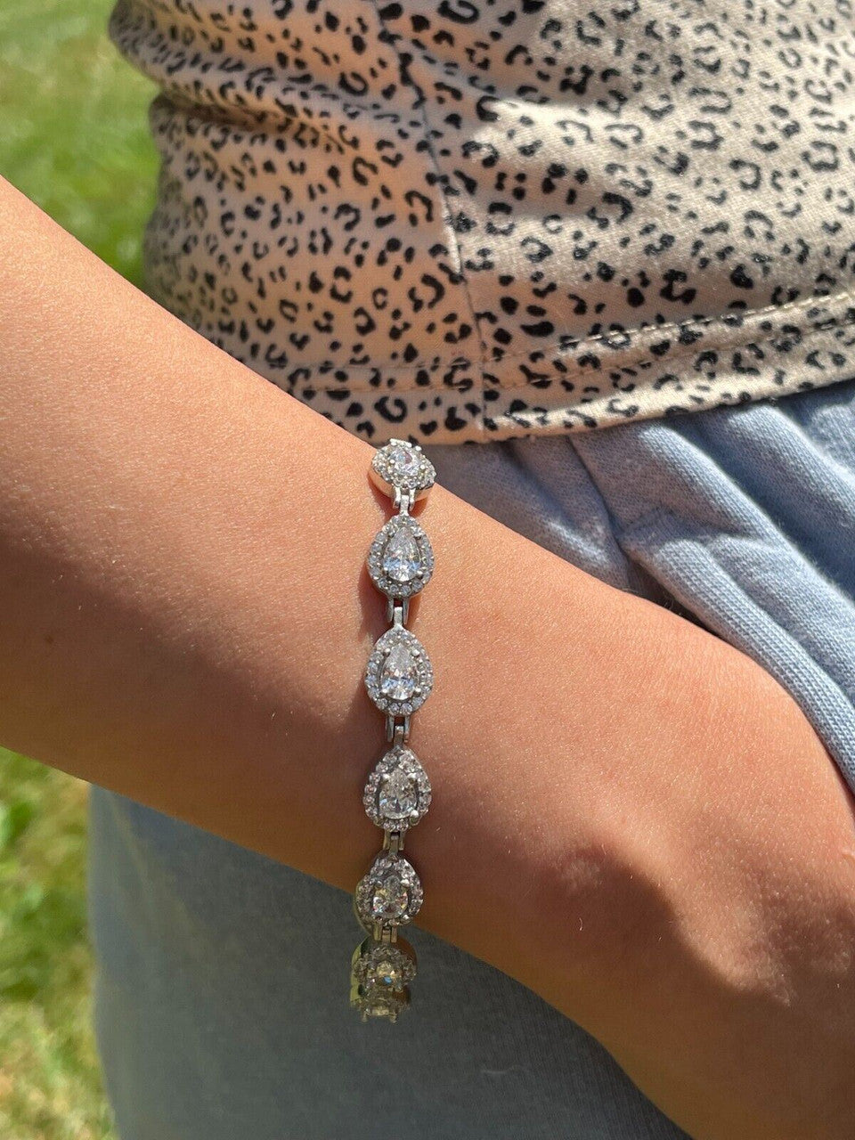 HarlemBling Ladies Simulated Diamond Teardrop Tennis Bracelet Adjustable Solid 925 Silver