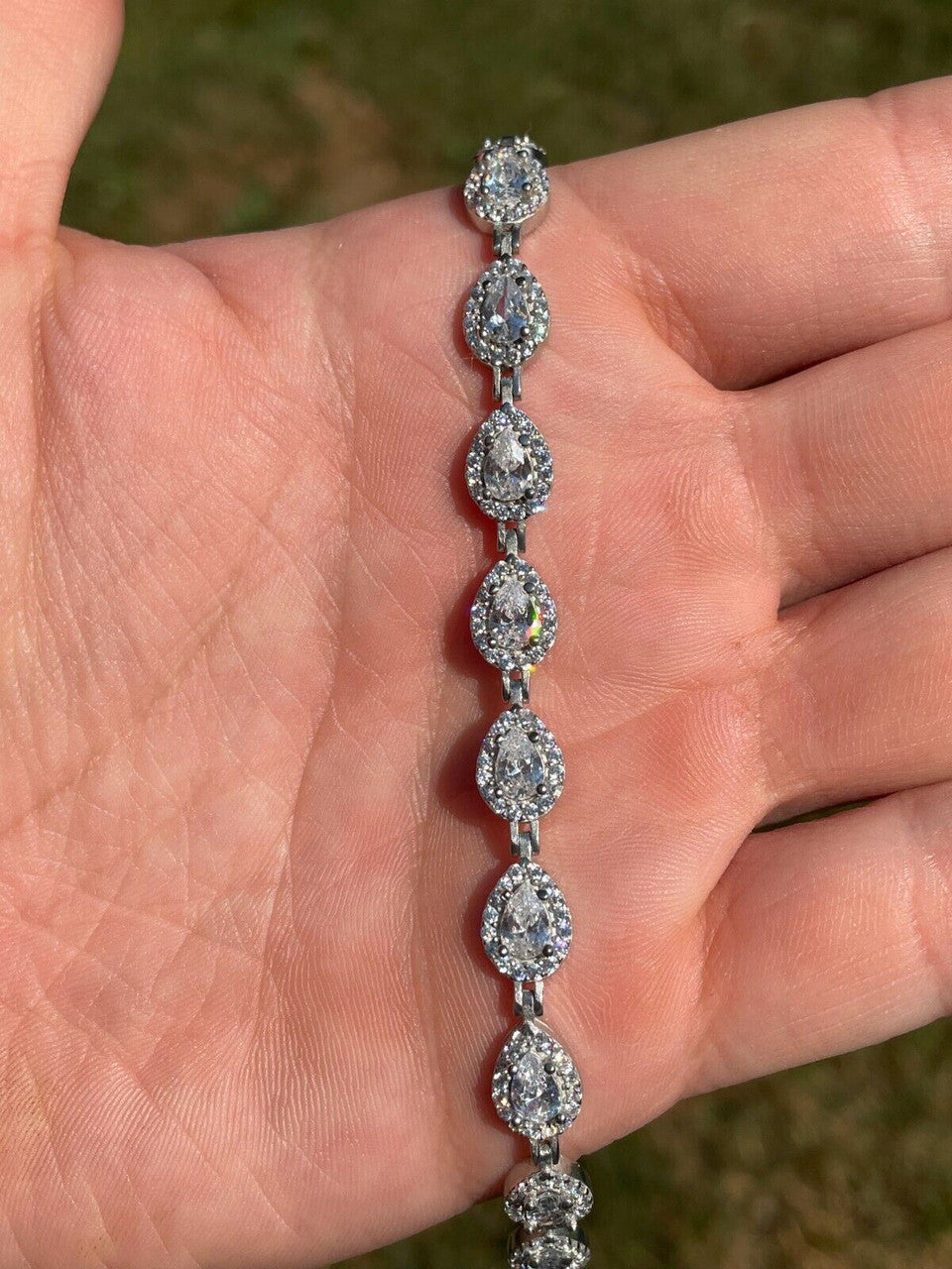 HarlemBling Ladies Simulated Diamond Teardrop Tennis Bracelet Adjustable Solid 925 Silver