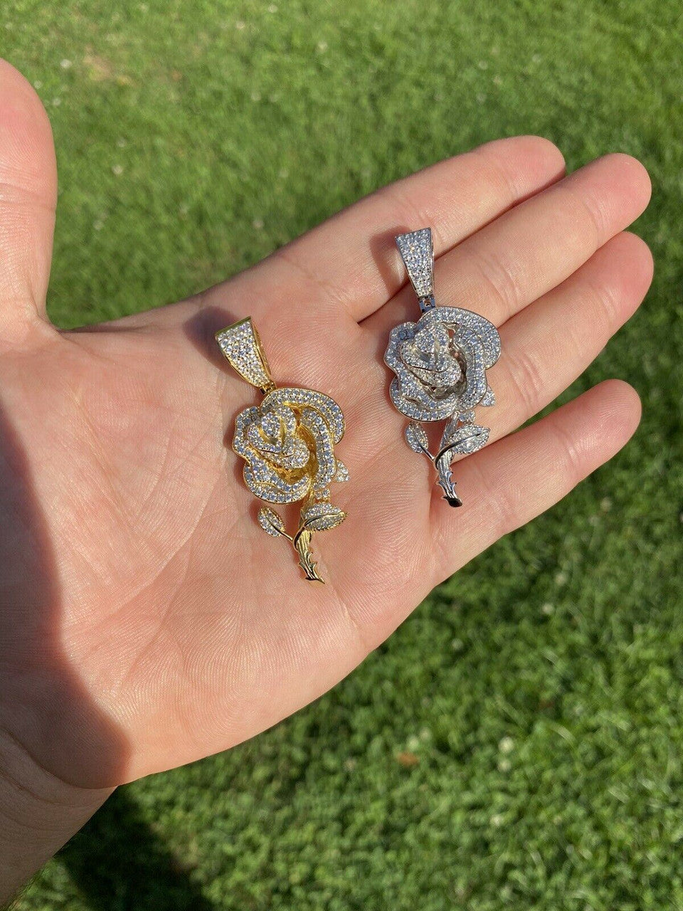 HarlemBling Ladies Solid 925 Silver Rose Flower Pendant Necklace Iced Hip Hop Gold Diamond