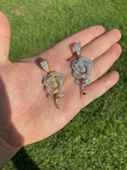 HarlemBling Ladies Solid 925 Silver Rose Flower Pendant Necklace Iced Hip Hop Gold Diamond
