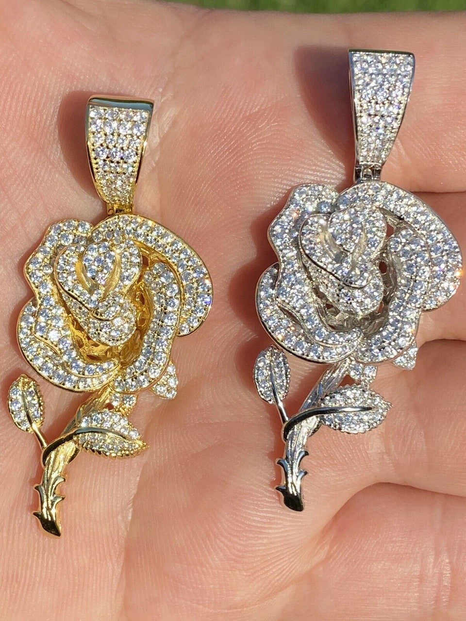 HarlemBling Ladies Solid 925 Silver Rose Flower Pendant Necklace Iced Hip Hop Gold Diamond