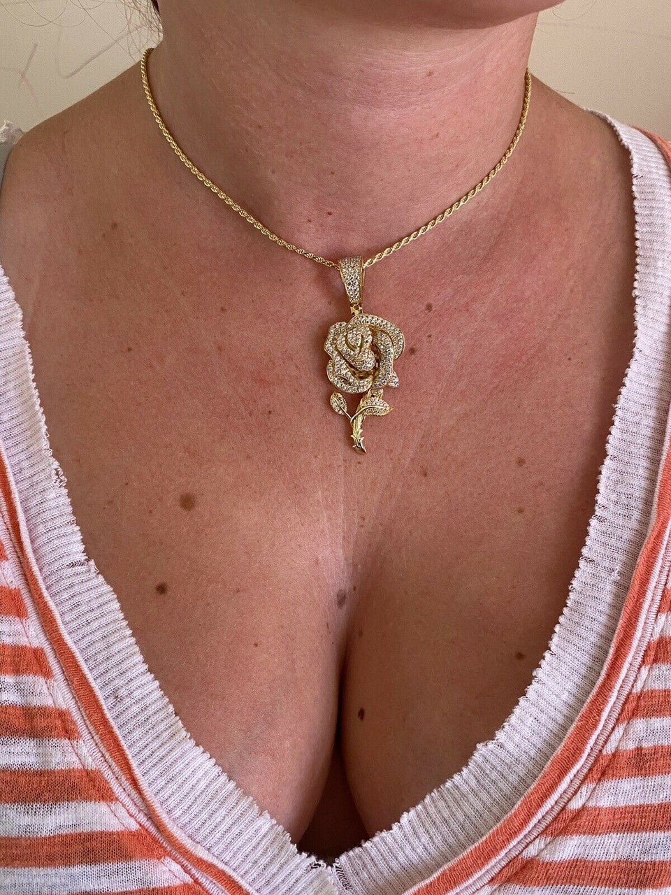 HarlemBling Ladies Solid 925 Silver Rose Flower Pendant Necklace Iced Hip Hop Gold Diamond