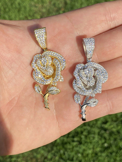HarlemBling Ladies Solid 925 Silver Rose Flower Pendant Necklace Iced Hip Hop Gold Diamond