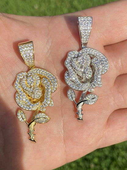 HarlemBling Ladies Solid 925 Silver Rose Flower Pendant Necklace Iced Hip Hop Gold Diamond