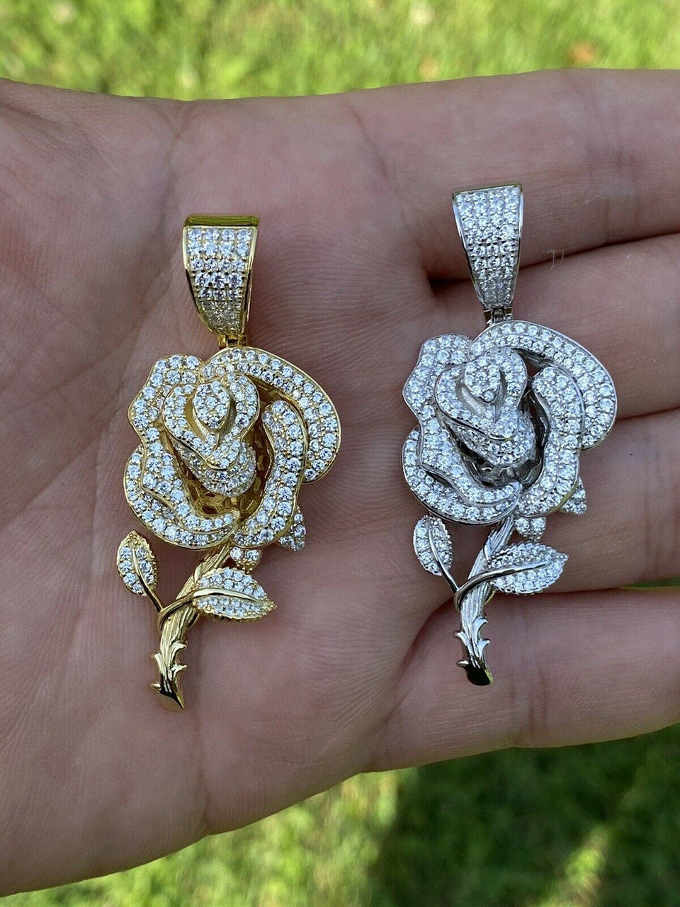 HarlemBling Ladies Solid 925 Silver Rose Flower Pendant Necklace Iced Hip Hop Gold Diamond