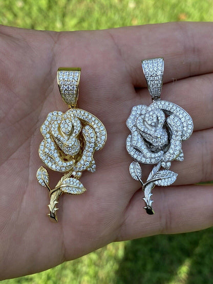 HarlemBling Ladies Solid 925 Silver Rose Flower Pendant Necklace Iced Hip Hop Gold Diamond