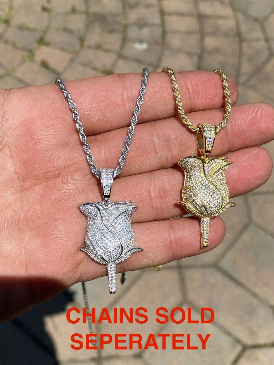 HarlemBling Ladies Solid 925 Sterling Rose Flower Pendant Necklace Iced Hip Hop Gold Silver