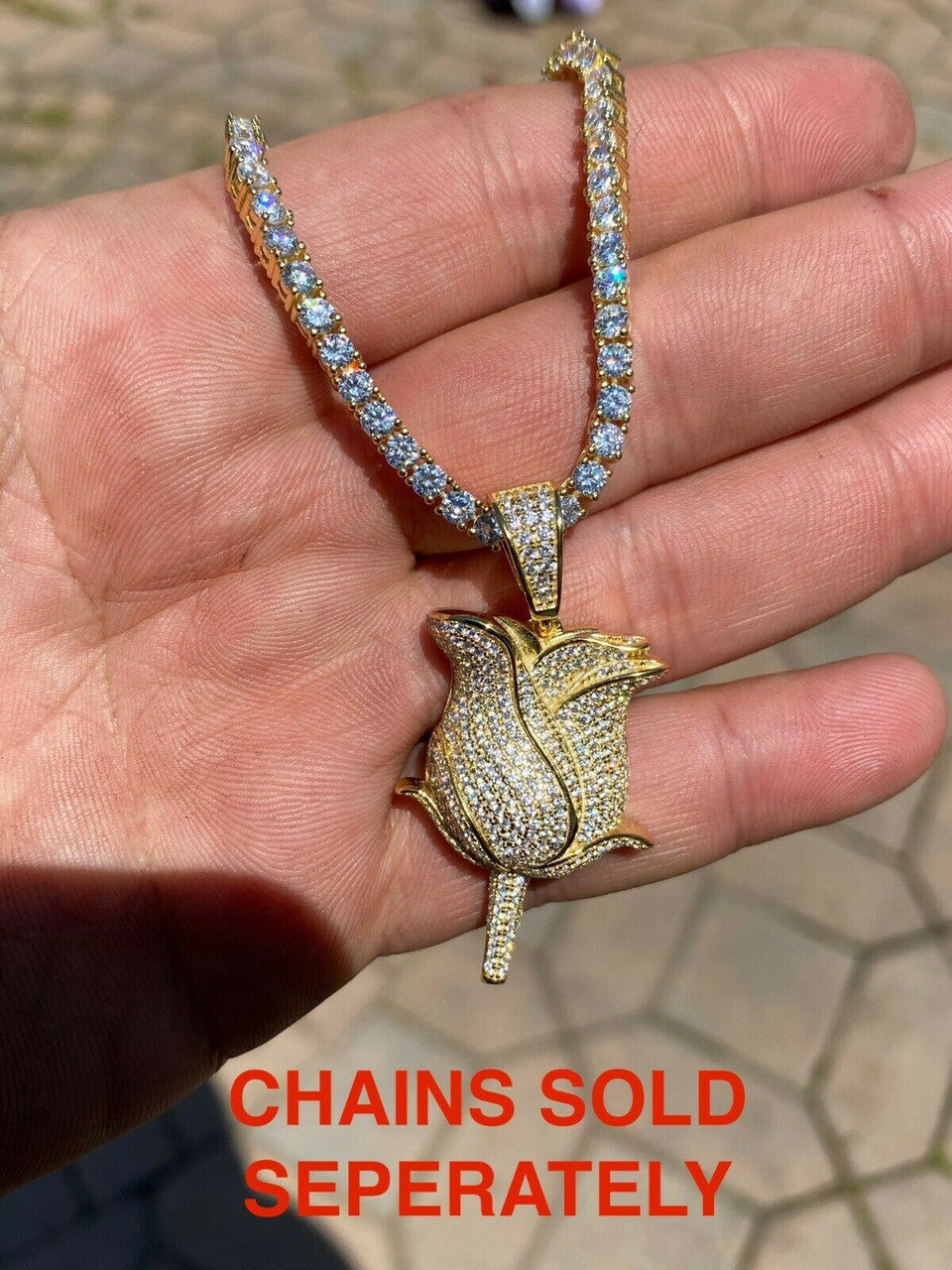 HarlemBling Ladies Solid 925 Sterling Rose Flower Pendant Necklace Iced Hip Hop Gold Silver