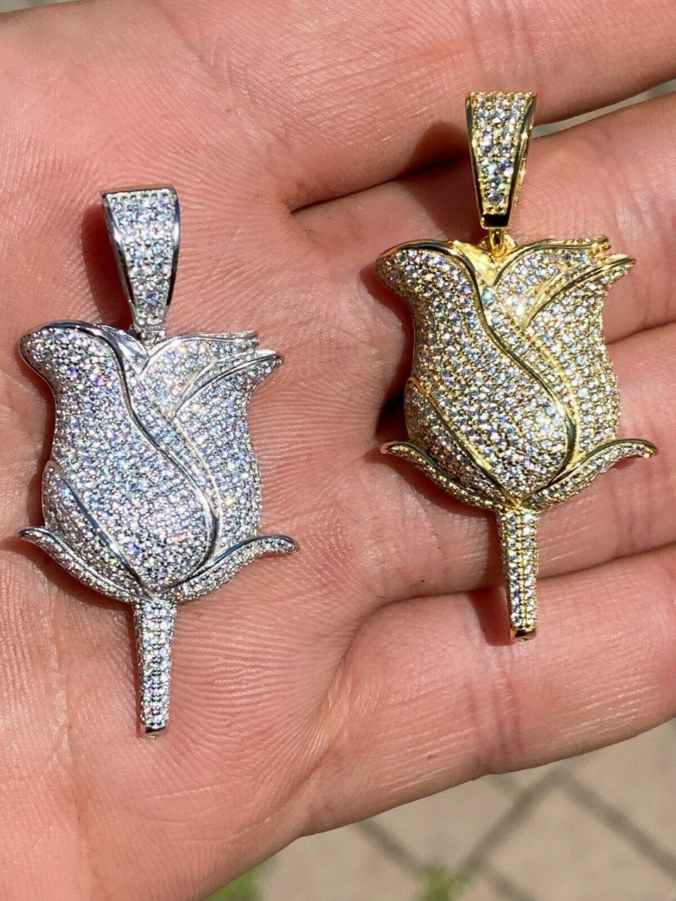 HarlemBling Ladies Solid 925 Sterling Rose Flower Pendant Necklace Iced Hip Hop Gold Silver