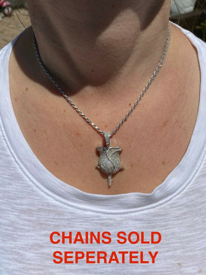 HarlemBling Ladies Solid 925 Sterling Rose Flower Pendant Necklace Iced Hip Hop Gold Silver