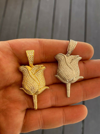 HarlemBling Ladies Solid 925 Sterling Rose Flower Pendant Necklace Iced Hip Hop Gold Silver