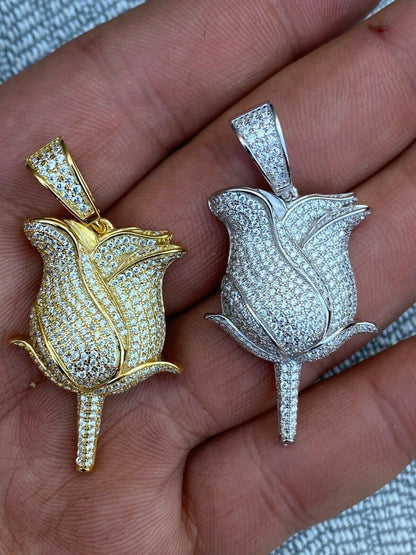 HarlemBling Ladies Solid 925 Sterling Rose Flower Pendant Necklace Iced Hip Hop Gold Silver