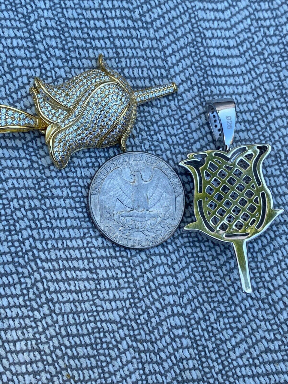 HarlemBling Ladies Solid 925 Sterling Rose Flower Pendant Necklace Iced Hip Hop Gold Silver