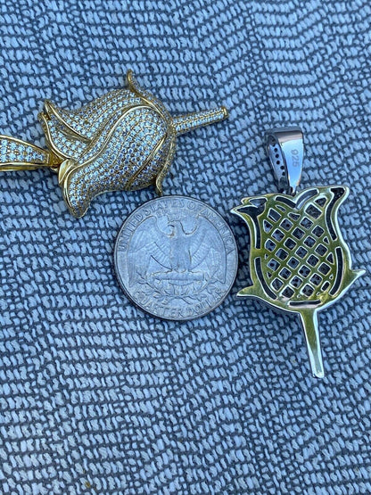 HarlemBling Ladies Solid 925 Sterling Rose Flower Pendant Necklace Iced Hip Hop Gold Silver