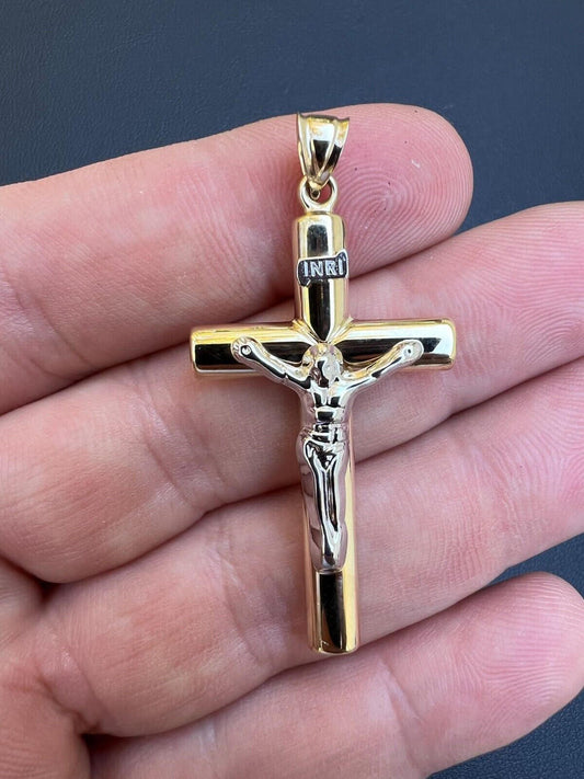 HarlemBling Large 1.85 Real 14k Yellow and White Gold Cross Jesus Crucifix Pendant Necklace