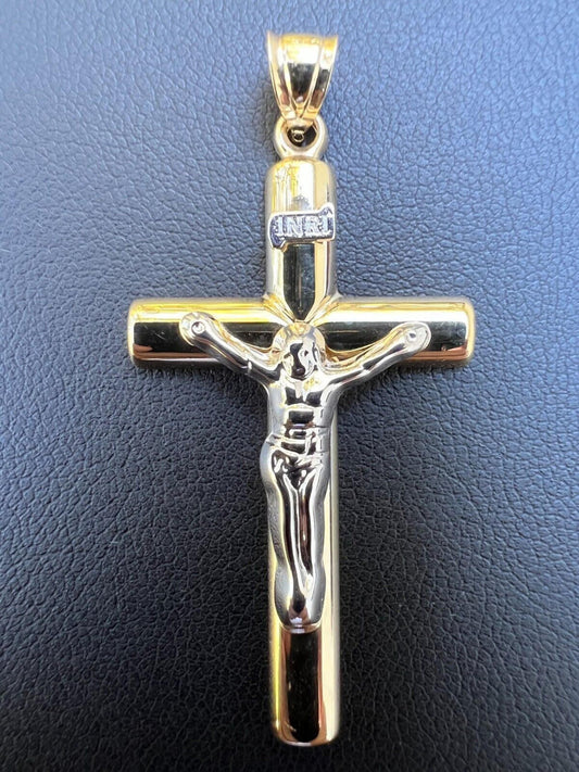 HarlemBling Large 1.85 Real 14k Yellow and White Gold Cross Jesus Crucifix Pendant Necklace
