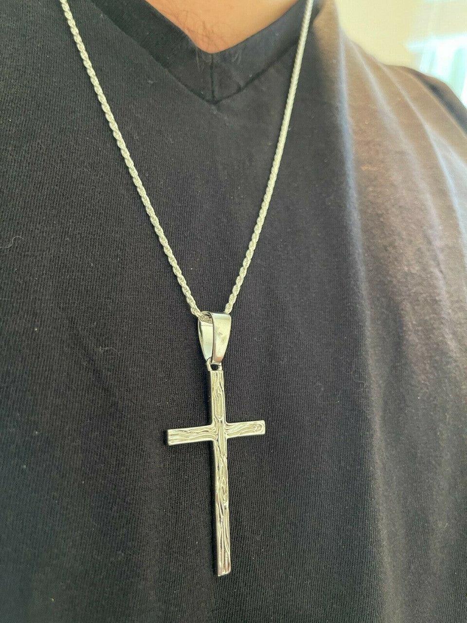 HarlemBling Large 2 Mens Plain Cross Pendant Solid 925 Sterling Silver / 14k Gold Necklace