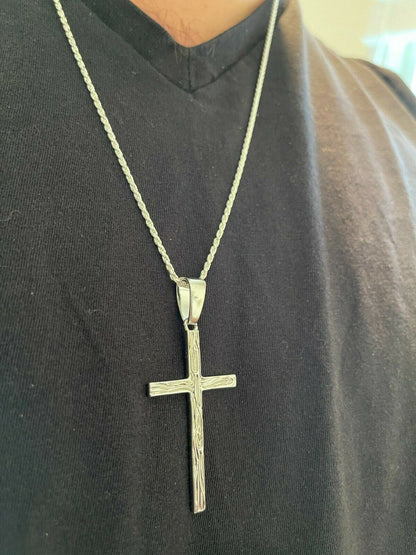 HarlemBling Large 2 Mens Plain Cross Pendant Solid 925 Sterling Silver / 14k Gold Necklace