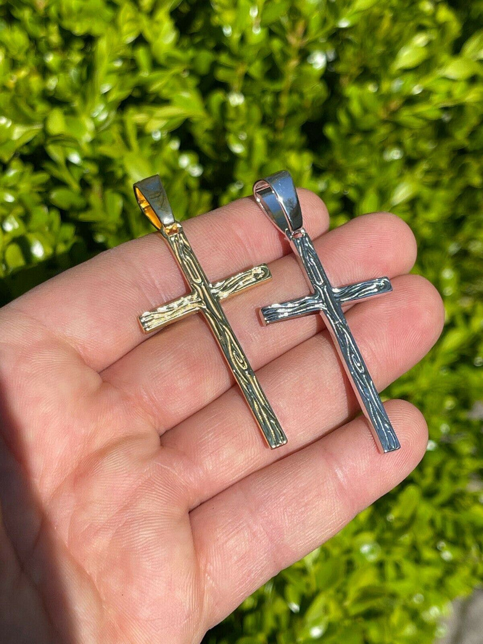 HarlemBling Large 2 Mens Plain Cross Pendant Solid 925 Sterling Silver / 14k Gold Necklace