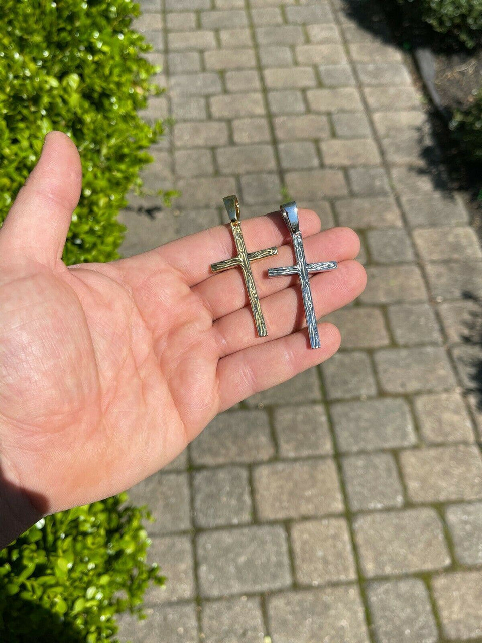 HarlemBling Large 2 Mens Plain Cross Pendant Solid 925 Sterling Silver / 14k Gold Necklace