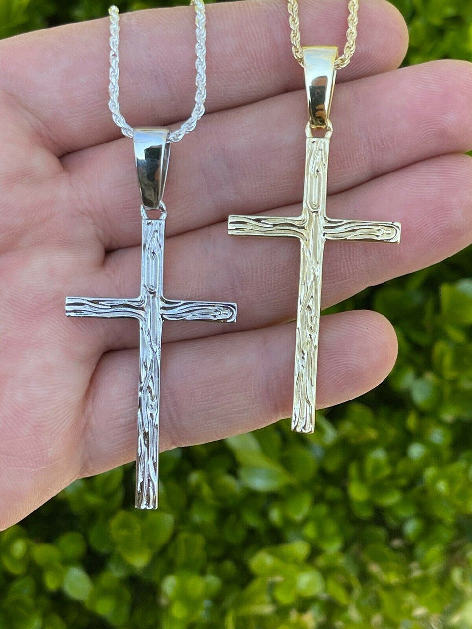 HarlemBling Large 2 Mens Plain Cross Pendant Solid 925 Sterling Silver / 14k Gold Necklace