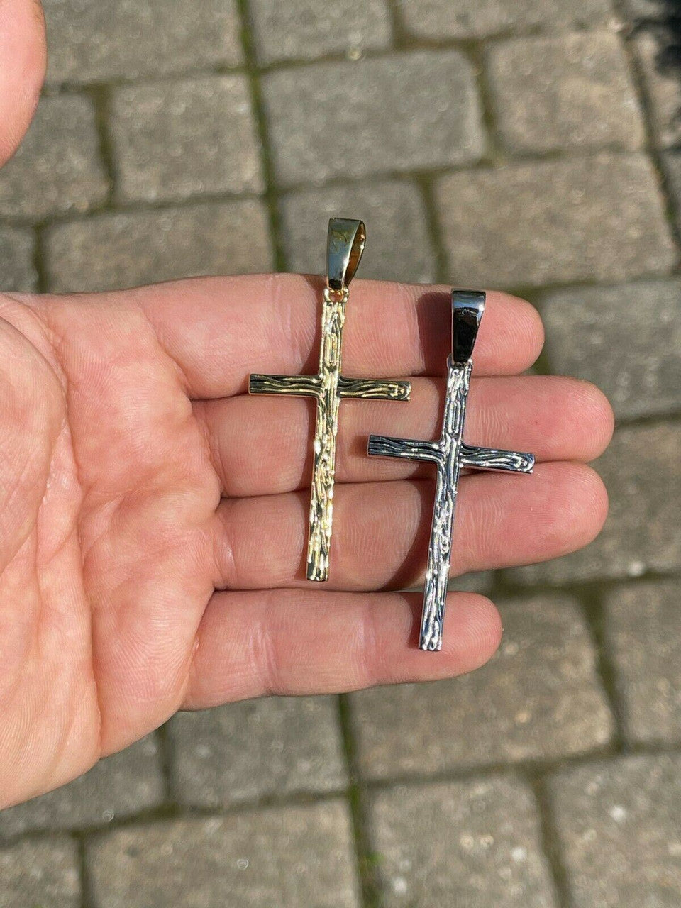 HarlemBling Large 2 Mens Plain Cross Pendant Solid 925 Sterling Silver / 14k Gold Necklace