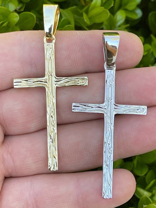HarlemBling Large 2 Mens Plain Cross Pendant Solid 925 Sterling Silver / 14k Gold Necklace