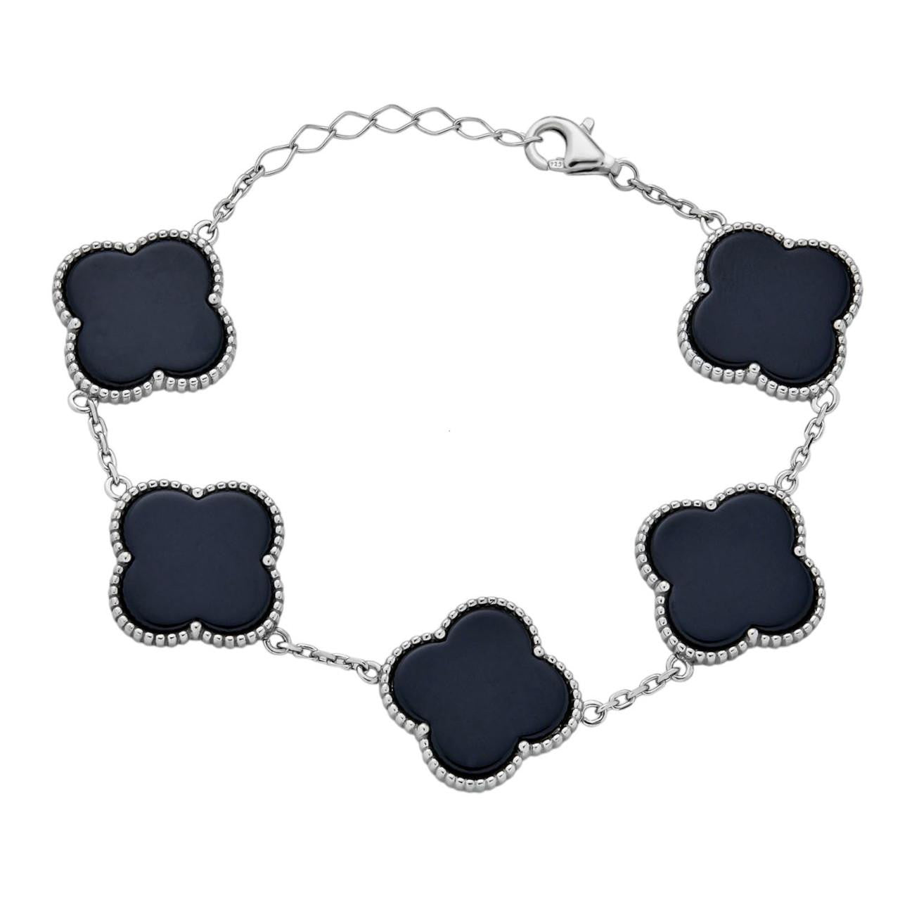 HarlemBling Large Cleef Clover Link Bracelet Natural Black Onyx Motifs - 925 Sterling Silver - 6"-7.5"