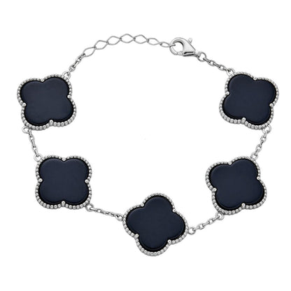 HarlemBling Large Cleef Clover Link Bracelet Natural Black Onyx Motifs - 925 Sterling Silver - 6"-7.5"