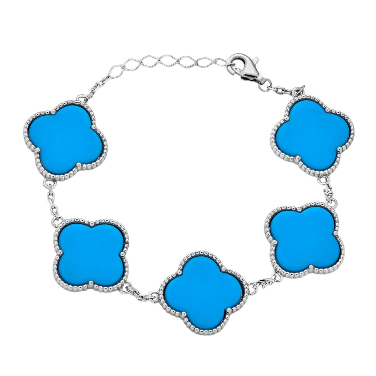 HarlemBling Large Cleef Clover Link Bracelet Natural Blue Turquoise Motifs - 925 Sterling Silver - 6"-7.5"