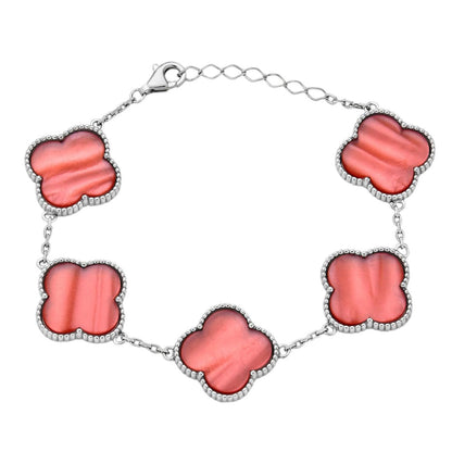 HarlemBling Large Cleef Clover Link Bracelet Natural Pink Mother Of Pearl Motifs - 925 Sterling Silver - 6"-7.5"