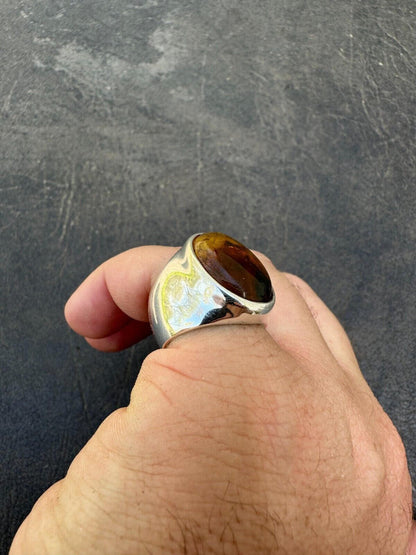 HarlemBling Large Genuine Baltic Amber Stone Mens Real Solid 925 Sterling Silver Signet Ring
