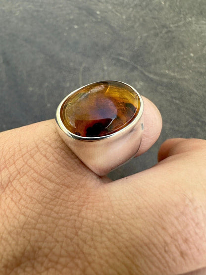 HarlemBling Large Genuine Baltic Amber Stone Mens Real Solid 925 Sterling Silver Signet Ring