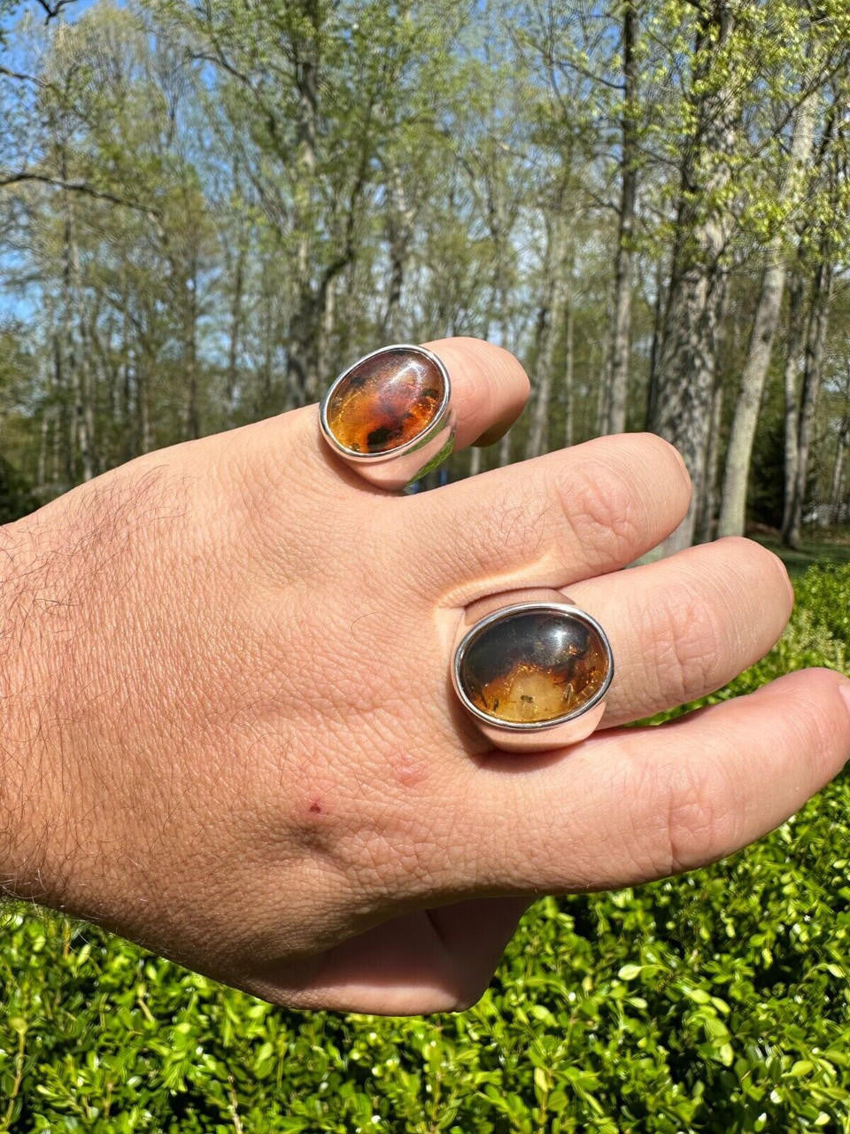 HarlemBling Large Genuine Baltic Amber Stone Mens Real Solid 925 Sterling Silver Signet Ring