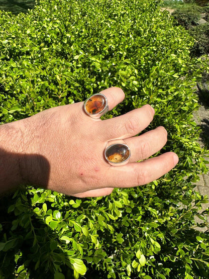 HarlemBling Large Genuine Baltic Amber Stone Mens Real Solid 925 Sterling Silver Signet Ring