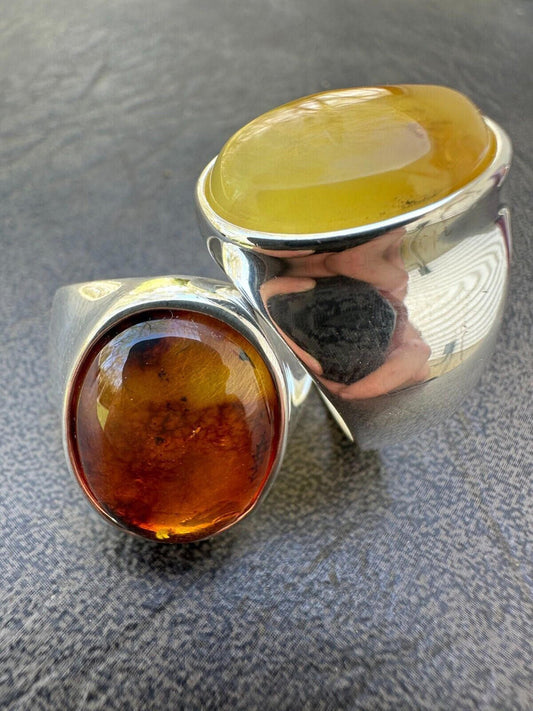 HarlemBling Large Genuine Baltic Amber Stone Mens Real Solid 925 Sterling Silver Signet Ring