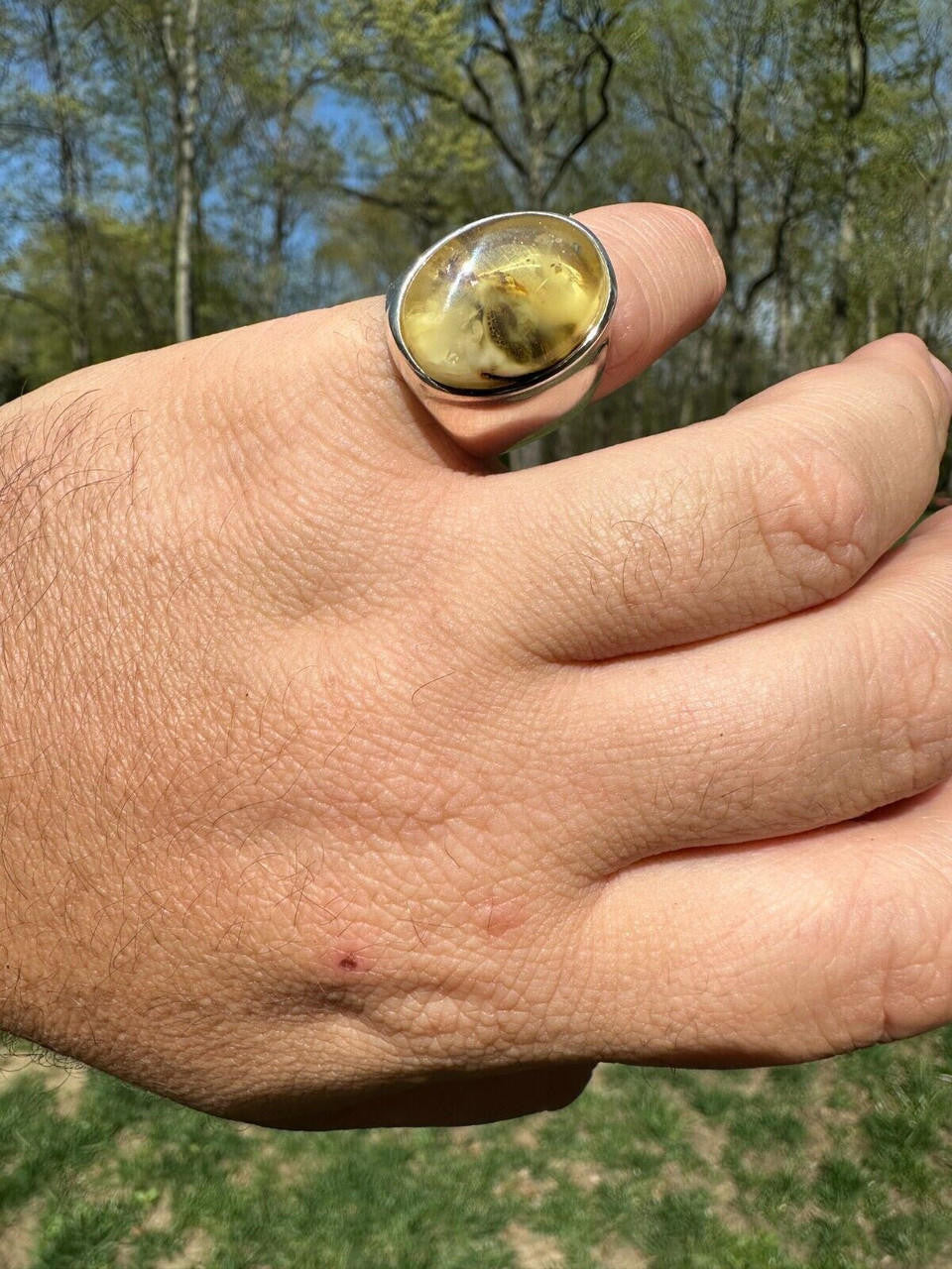 HarlemBling Large Genuine Baltic Amber Stone Mens Real Solid 925 Sterling Silver Signet Ring
