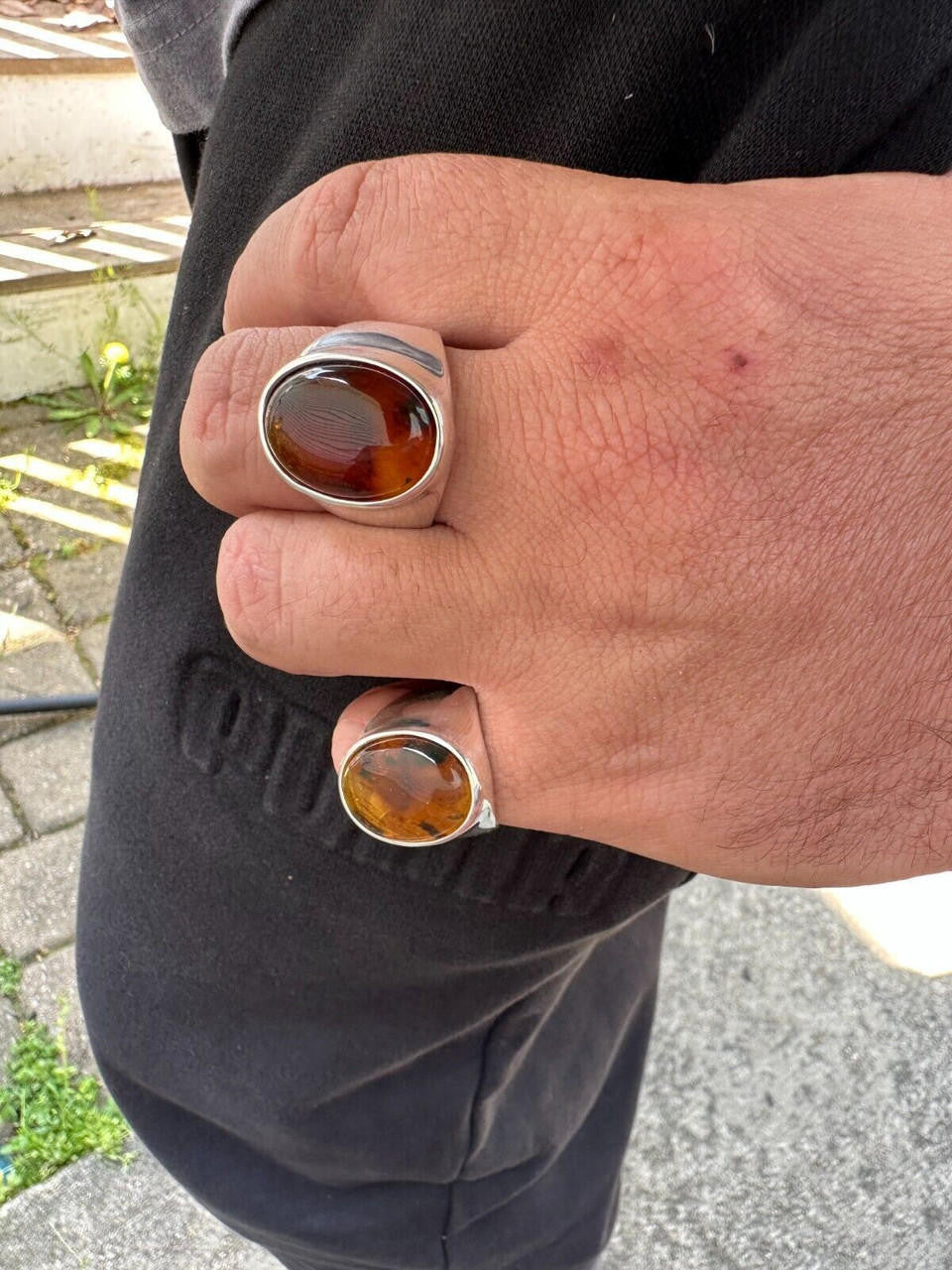 HarlemBling Large Genuine Baltic Amber Stone Mens Real Solid 925 Sterling Silver Signet Ring