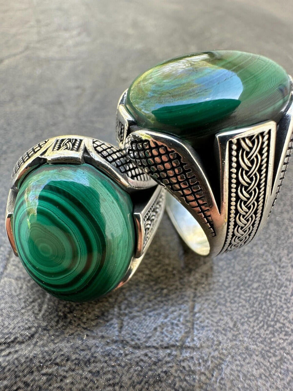 HarlemBling Large Green Malachite Gemstone Mens Real Solid 925 Sterling Silver Signet Ring