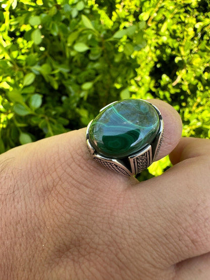 HarlemBling Large Green Malachite Gemstone Mens Real Solid 925 Sterling Silver Signet Ring