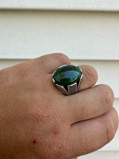 HarlemBling Large Green Malachite Gemstone Mens Real Solid 925 Sterling Silver Signet Ring