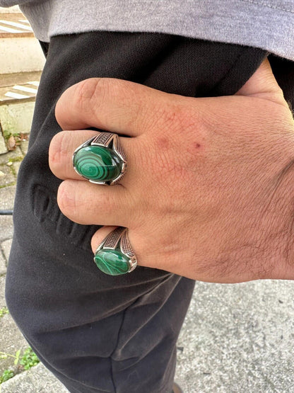 HarlemBling Large Green Malachite Gemstone Mens Real Solid 925 Sterling Silver Signet Ring