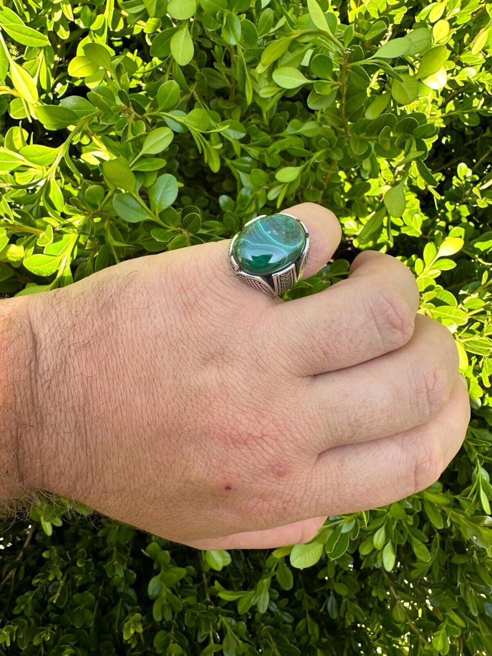 HarlemBling Large Green Malachite Gemstone Mens Real Solid 925 Sterling Silver Signet Ring