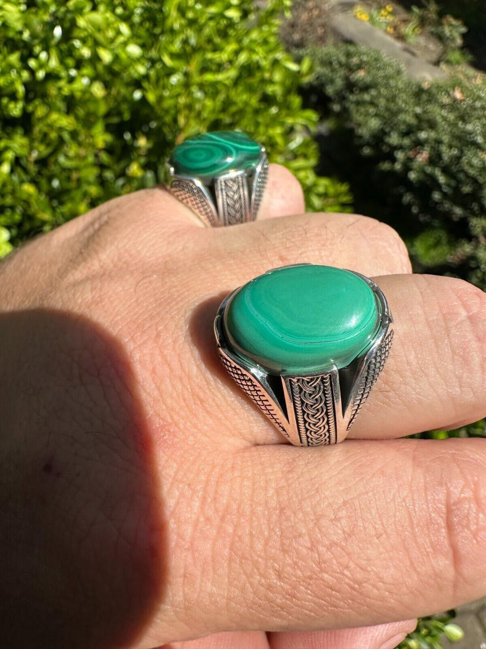 HarlemBling Large Green Malachite Gemstone Mens Real Solid 925 Sterling Silver Signet Ring